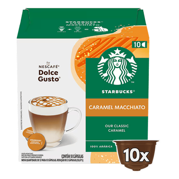Front view of Starbucks Caramel Macchiato (10 pods) box